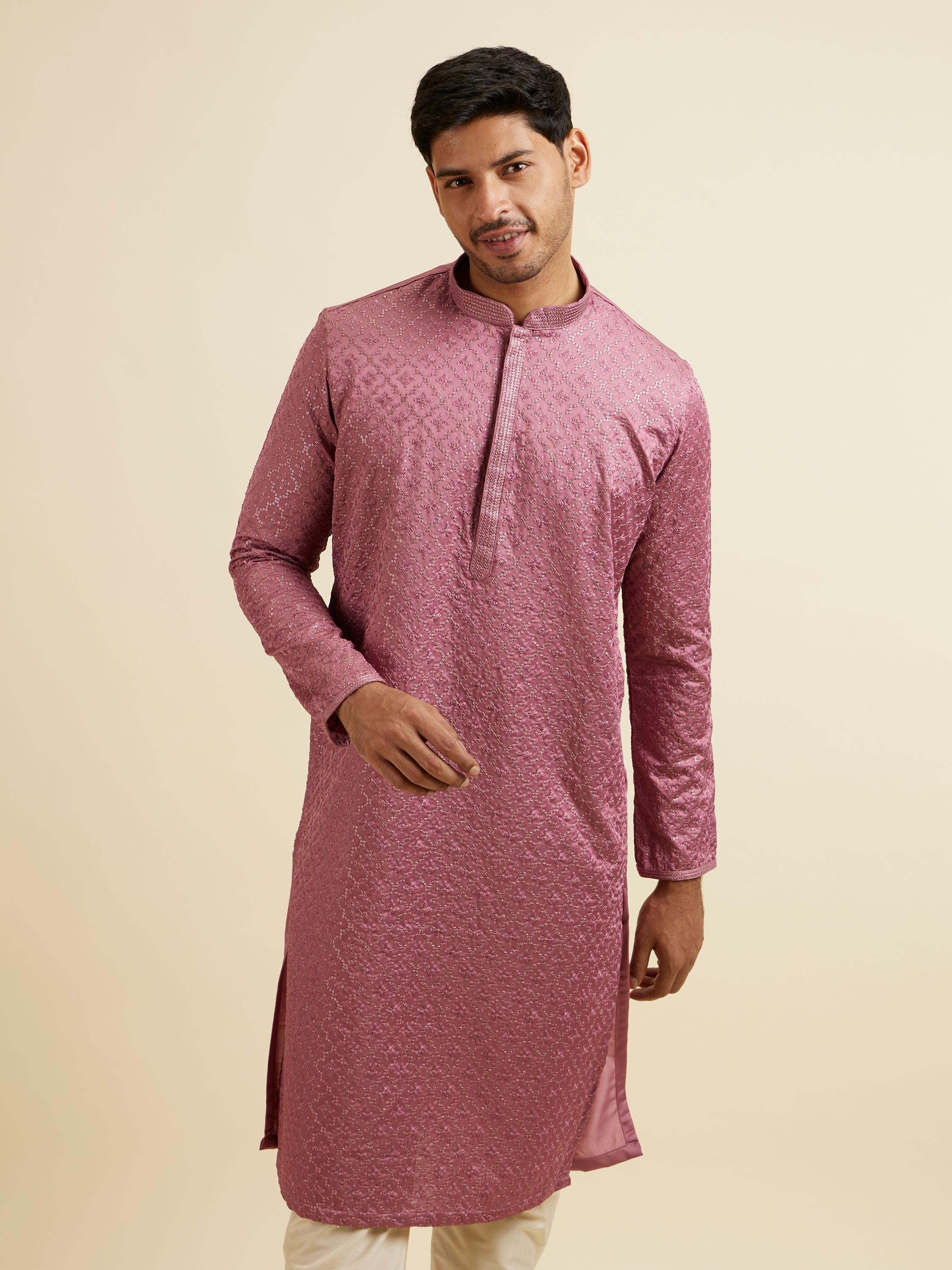 Manyavar Men Dusty Pink Jaal Patterned Kurta Set