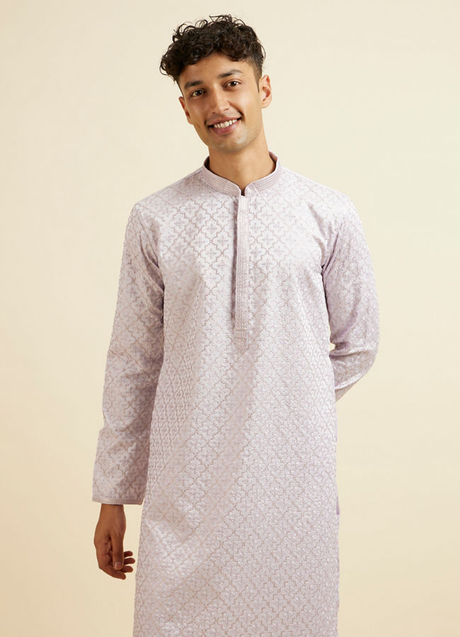 alt message - Manyavar Men Lilac Jaal Patterned Kurta Set image number 0