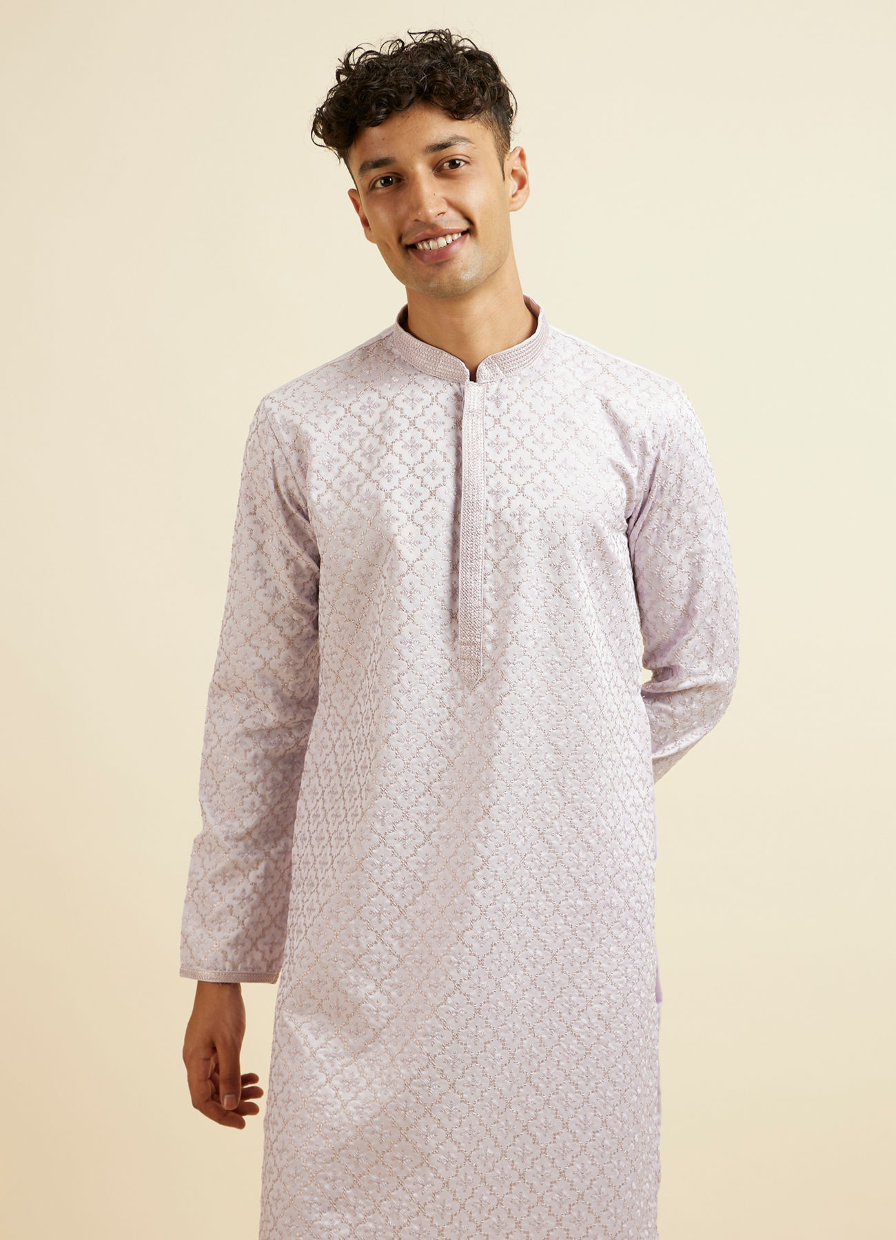 Manyavar Men Lilac Jaal Patterned Kurta Set