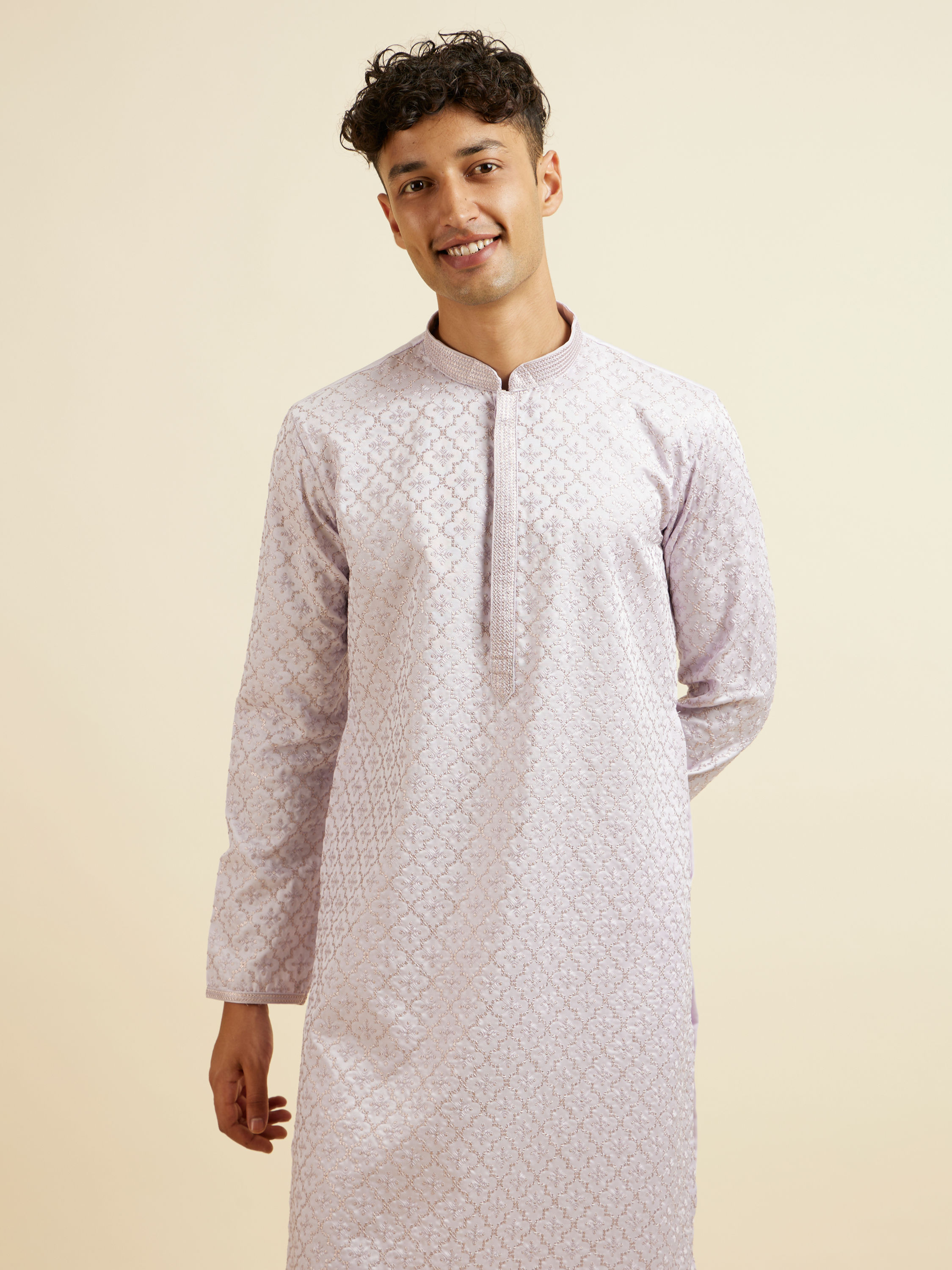 Manyavar Men Lilac Jaal Patterned Kurta Set