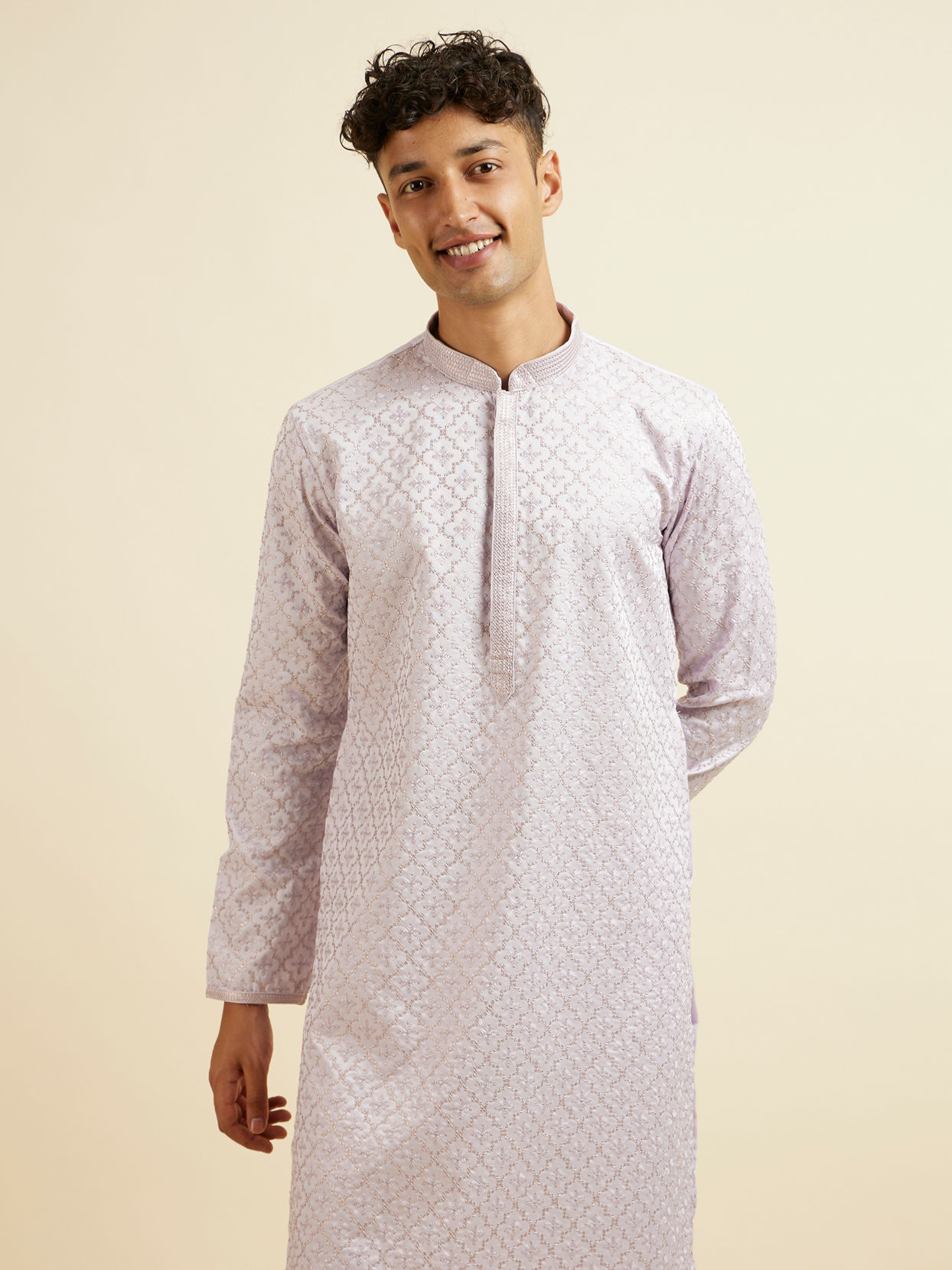 alt message - Manyavar Men Lilac Jaal Patterned Kurta Set image number 0