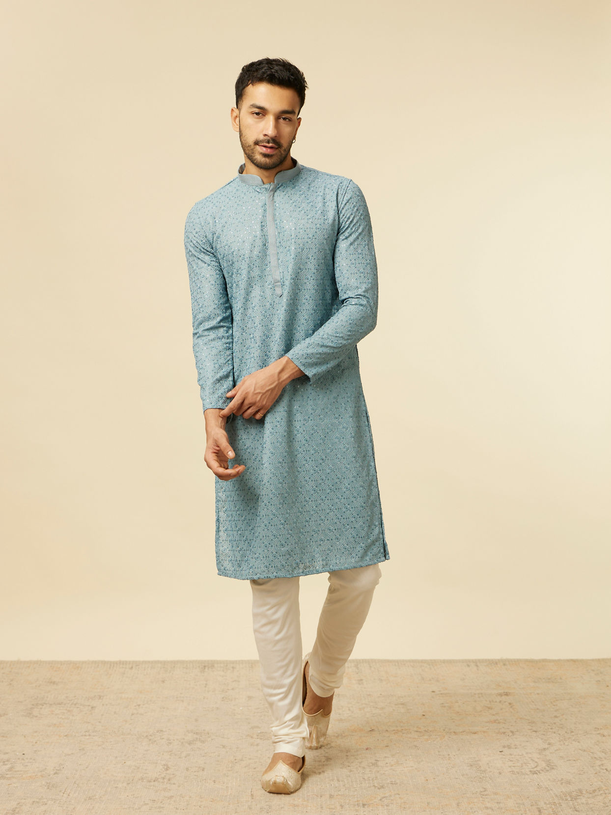 Manyavar Men Mustard Yellow Chikankari Kurta Set