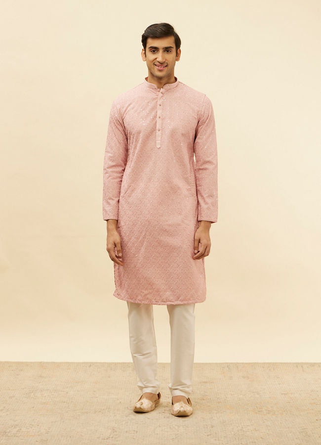 alt message - Manyavar Men Rose Pink Chikankari Sequinned Kurta Set image number 2