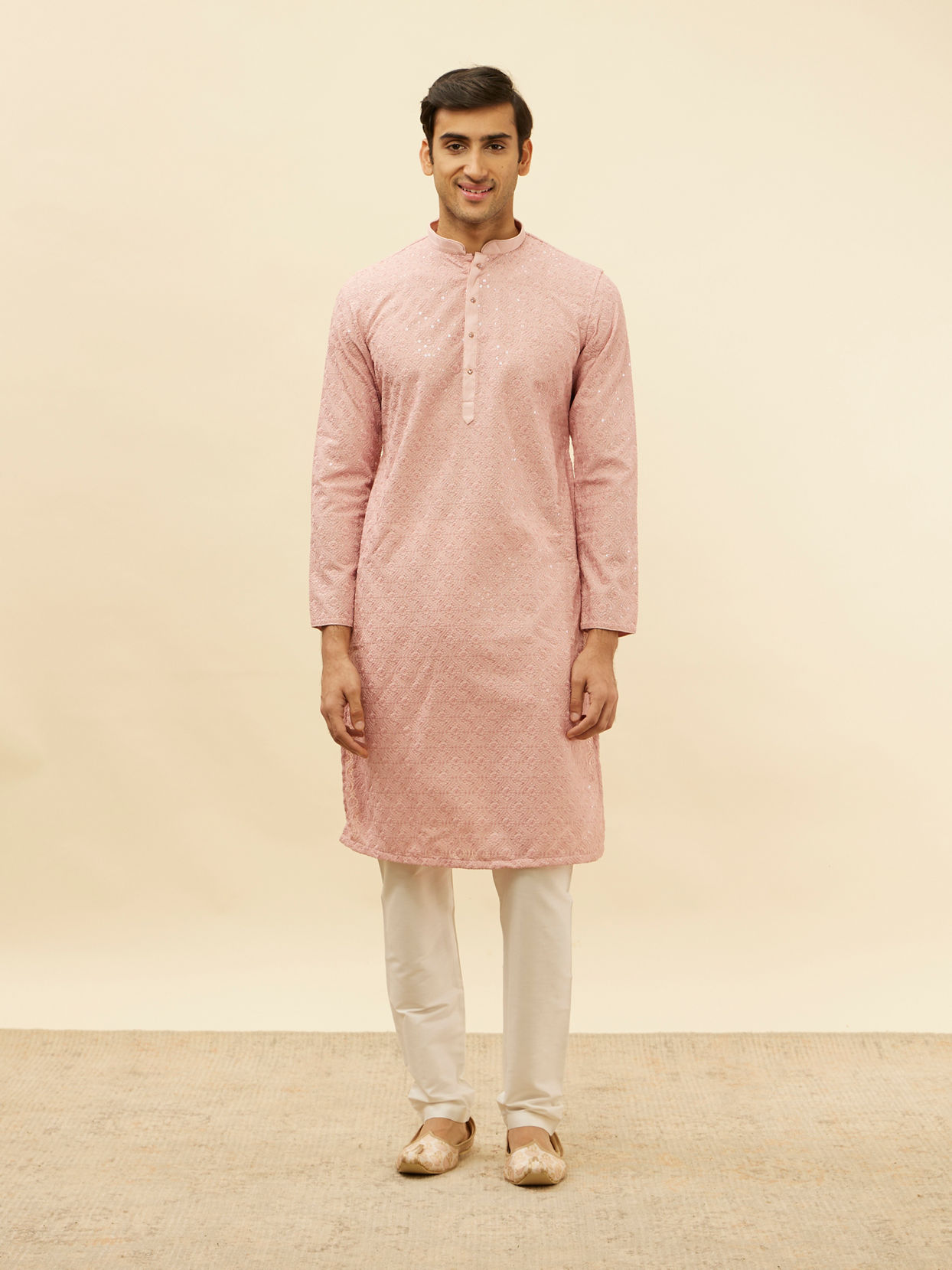 Manyavar Men Rose Pink Chikankari Sequinned Kurta Set