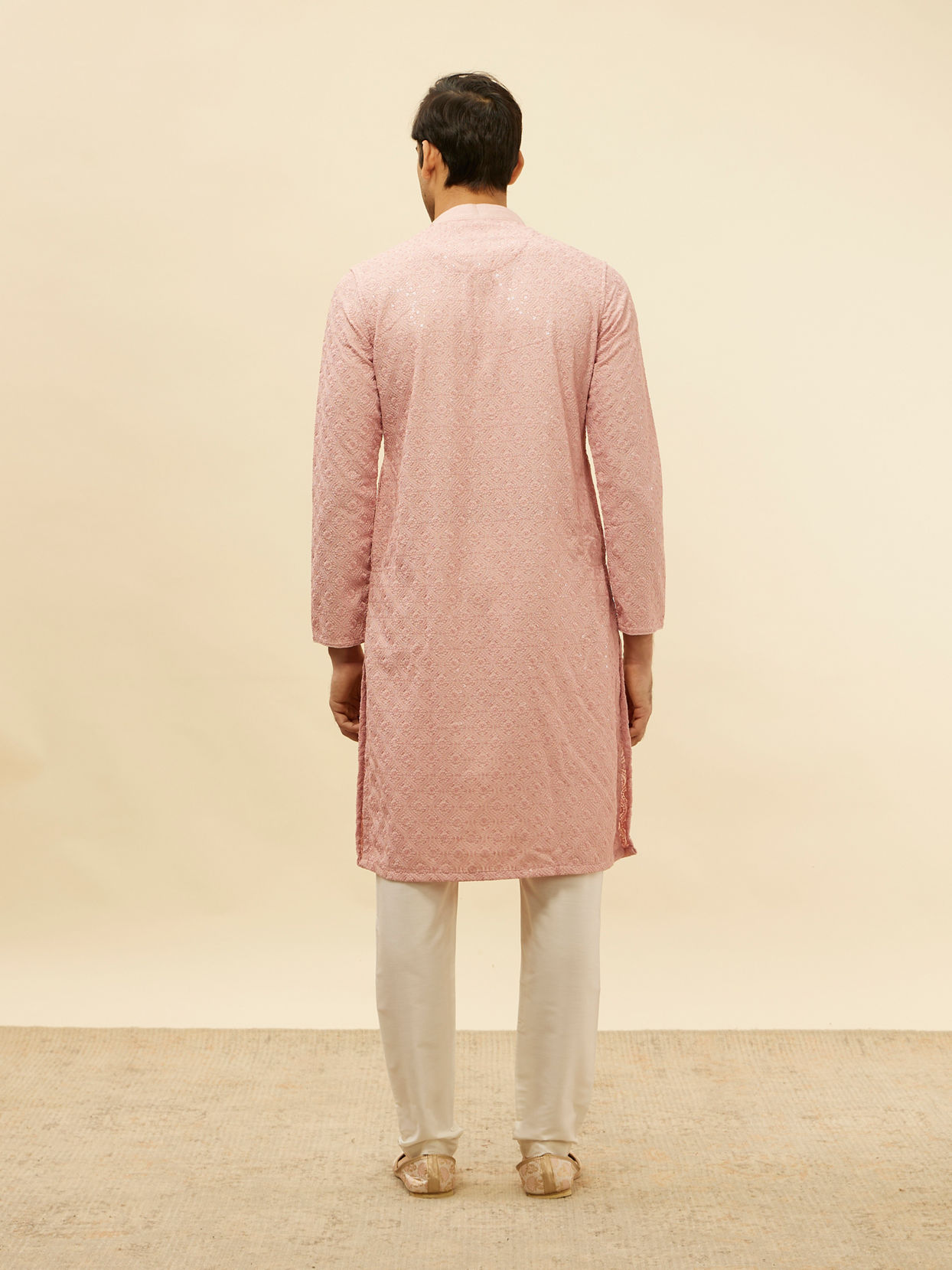 Manyavar Men Rose Pink Chikankari Sequinned Kurta Set
