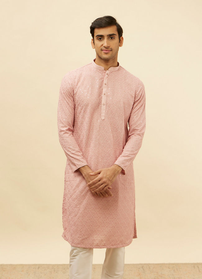 Manyavar Men Rose Pink Chikankari Sequinned Kurta Set