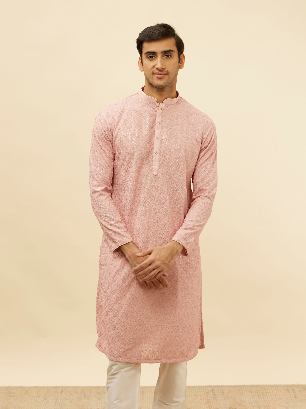 Manyavar Men Rose Pink Chikankari Sequinned Kurta Set