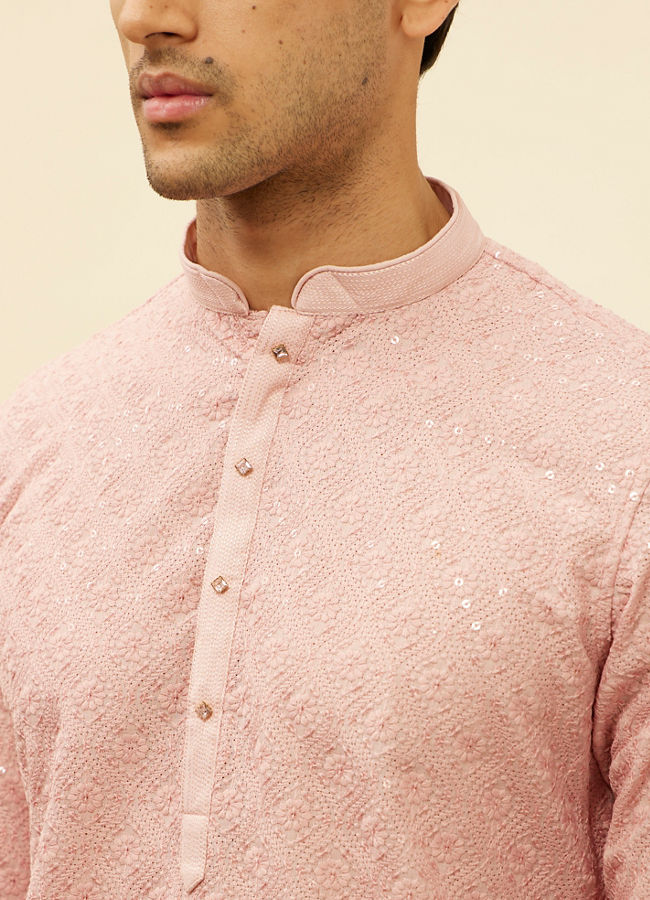 Manyavar Men Rose Pink Chikankari Sequinned Kurta Set