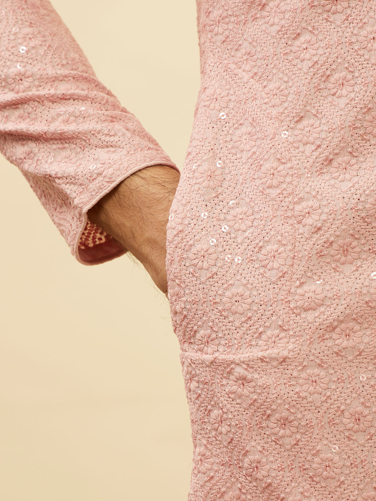 Manyavar Men Rose Pink Chikankari Sequinned Kurta Set