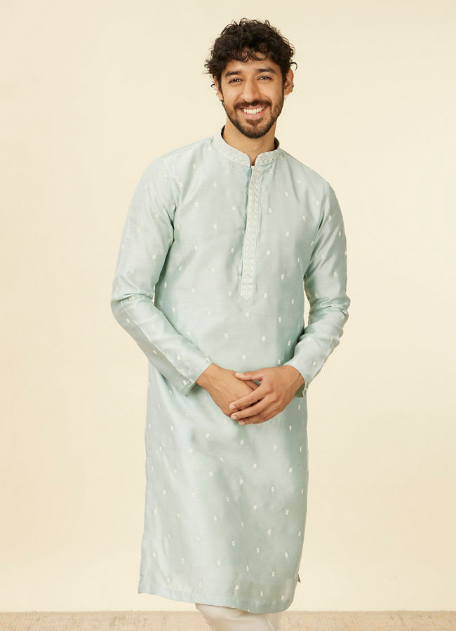 alt message - Manyavar Men Light Blue Buta Patterned Kurta Set image number 0