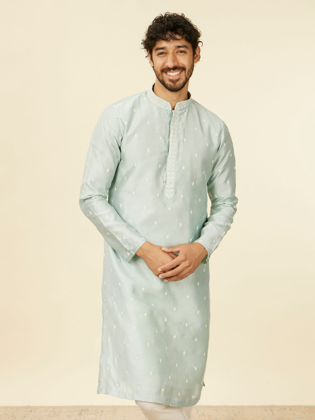 alt message - Manyavar Men Light Blue Buta Patterned Kurta Set image number 0