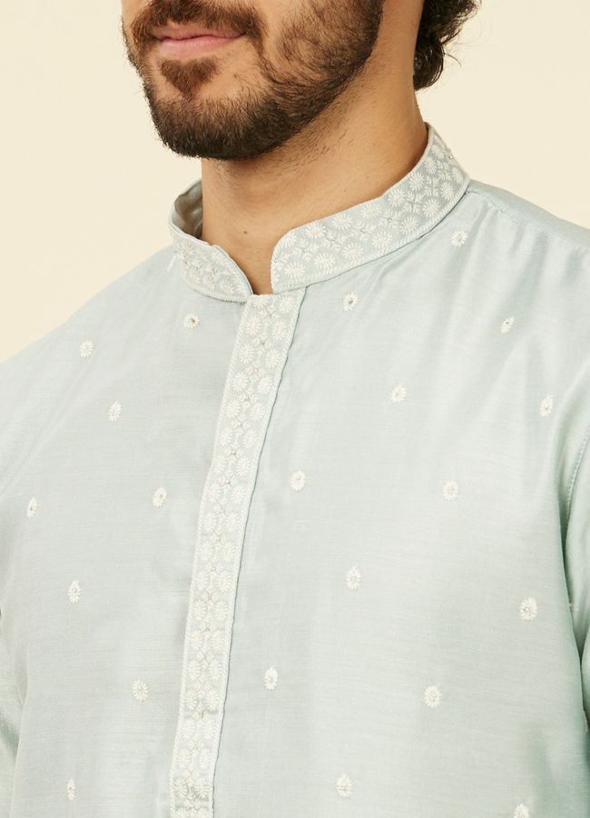 alt message - Manyavar Men Light Blue Buta Patterned Kurta Set image number 1