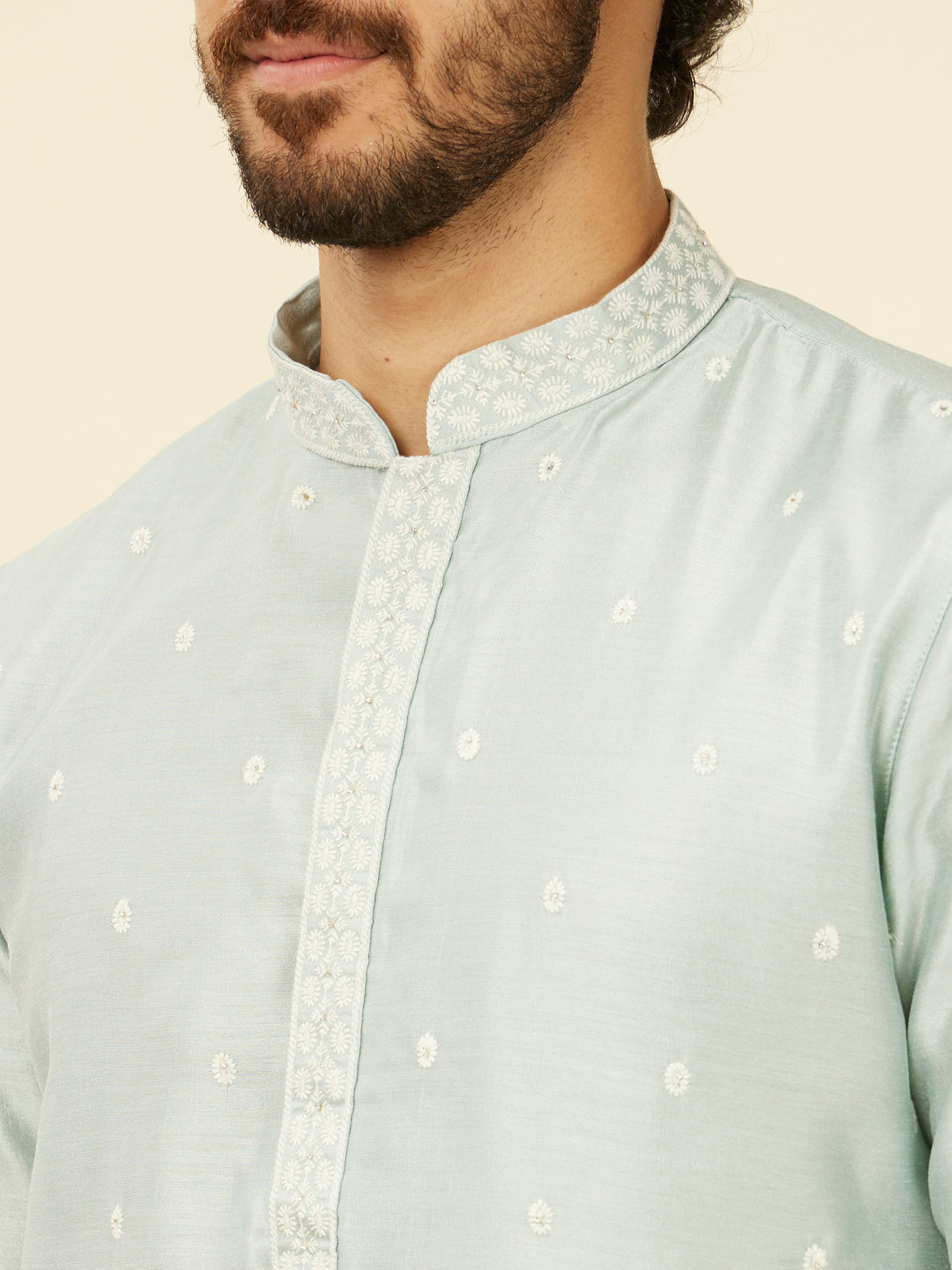 alt message - Manyavar Men Light Blue Buta Patterned Kurta Set image number 1