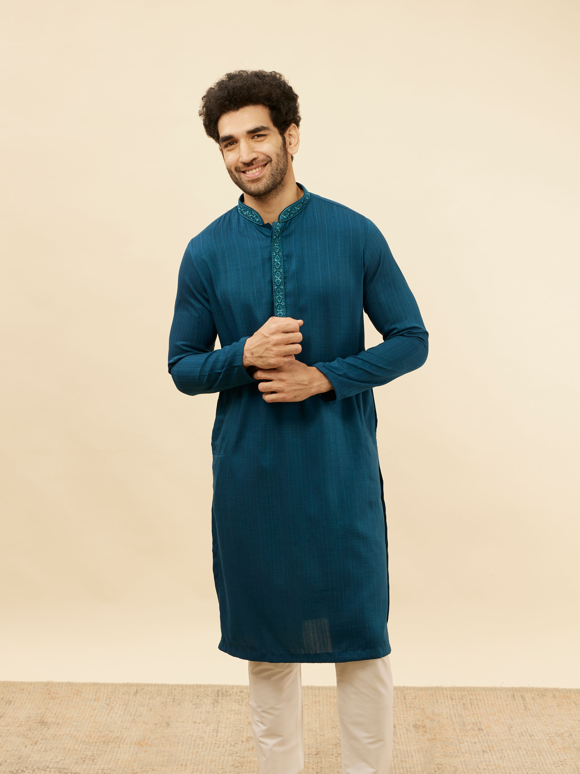 Manyavar Men Azure Blue Embroidered Placket Kurta Set