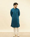 alt message - Manyavar Men Azure Blue Embroidered Placket Kurta Set image number 2