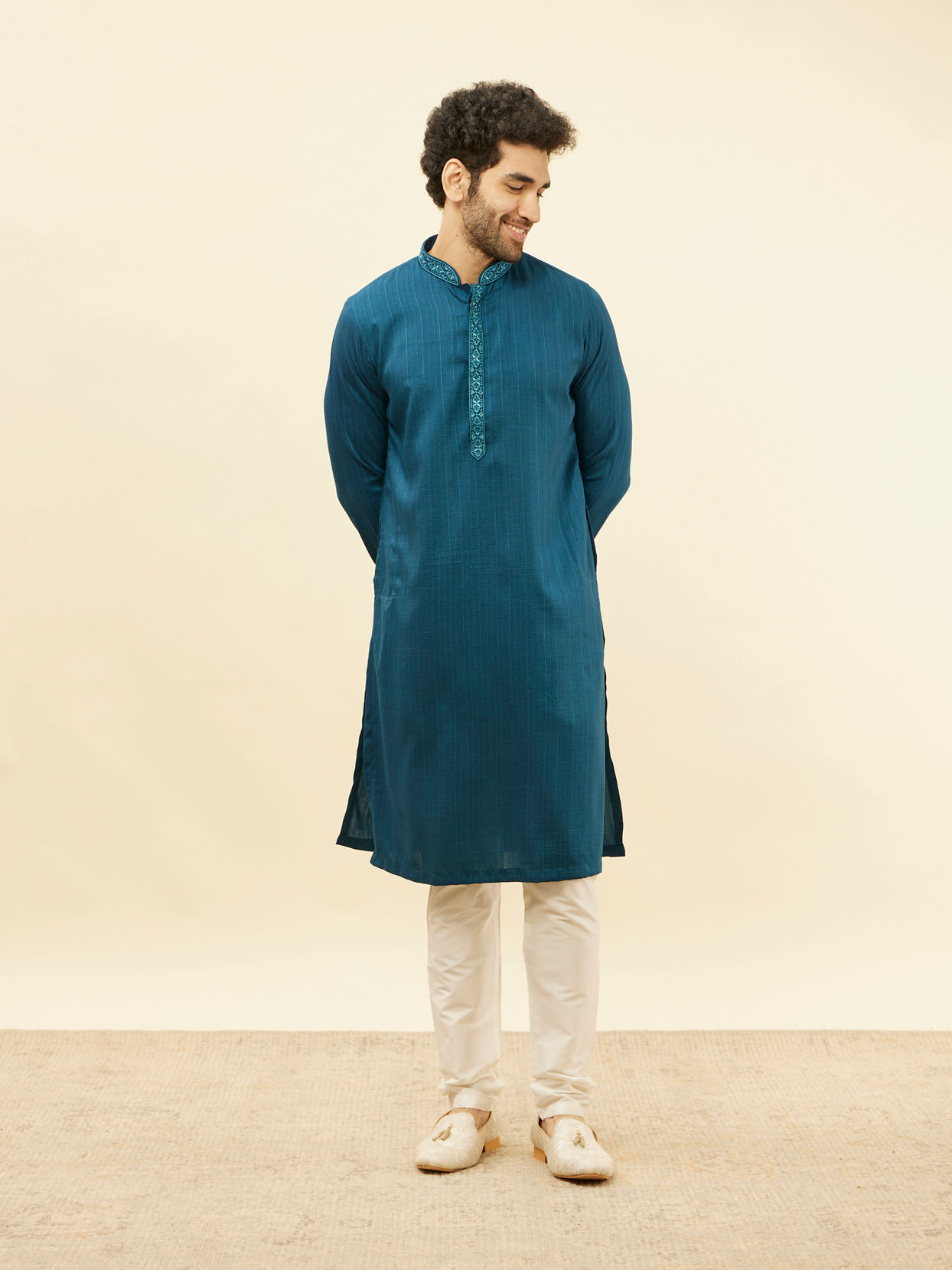 Manyavar Men Azure Blue Embroidered Placket Kurta Set