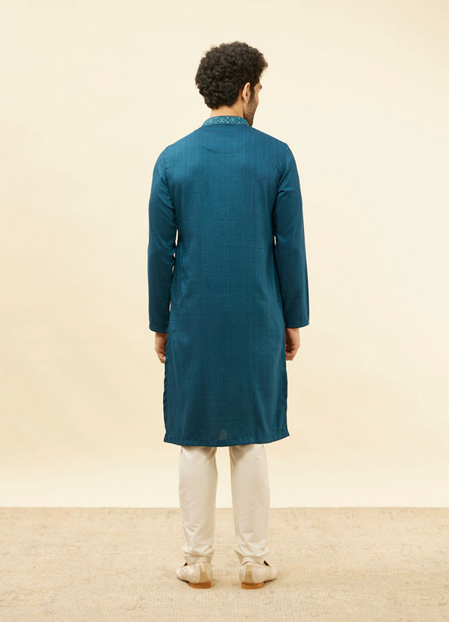 alt message - Manyavar Men Azure Blue Embroidered Placket Kurta Set image number 5