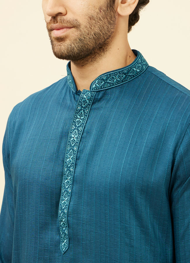 alt message - Manyavar Men Azure Blue Embroidered Placket Kurta Set image number 1