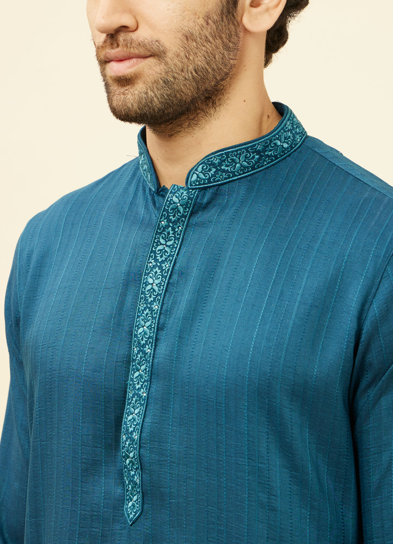Manyavar Men Azure Blue Embroidered Placket Kurta Set