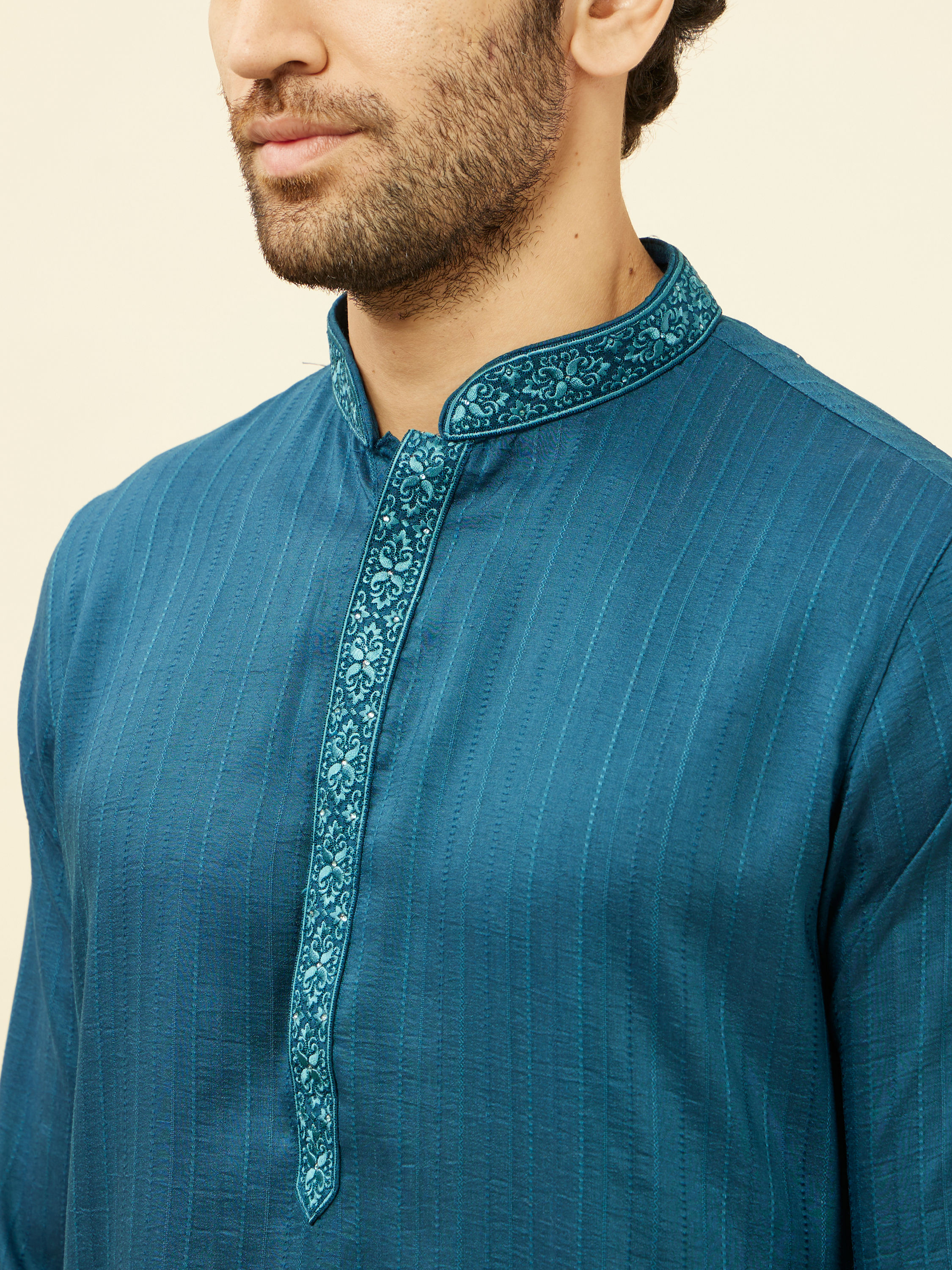 Manyavar Men Azure Blue Embroidered Placket Kurta Set
