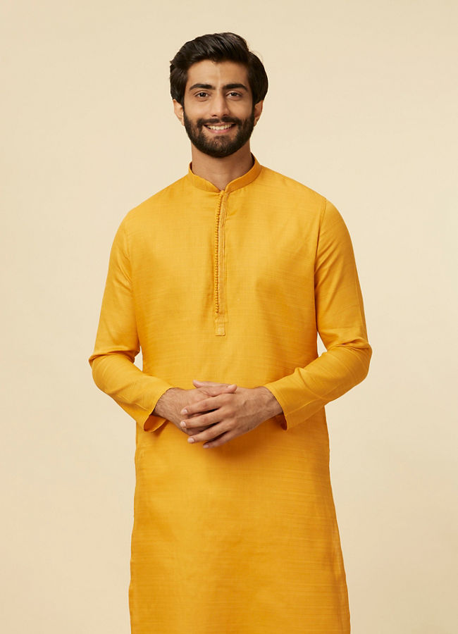 alt message - Manyavar Men Mustard Yellow Classic Kurta Set image number 0