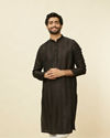 alt message - Manyavar Men Midnight Black Linear Patterned Kurta Set image number 0