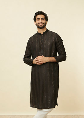 Manyavar Men Midnight Black Linear Patterned Kurta Set image number 0