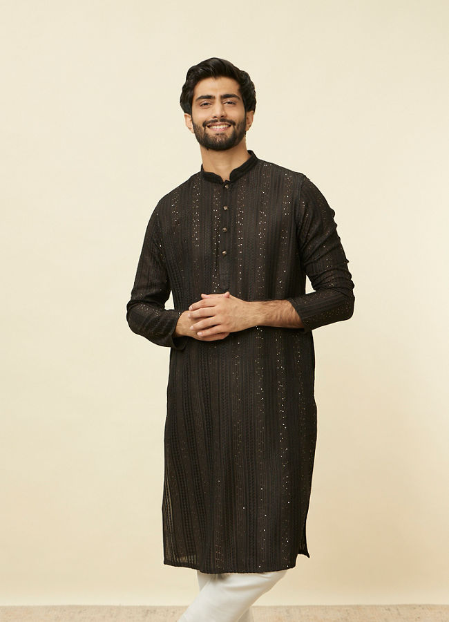 alt message - Manyavar Men Midnight Black Linear Patterned Kurta Set image number 0