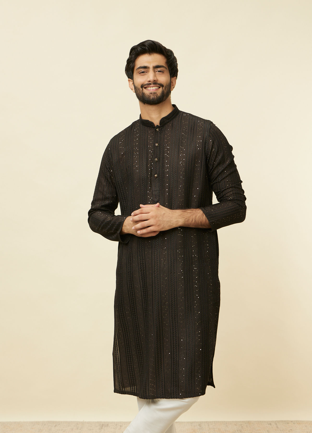 Manyavar Men Midnight Black Linear Patterned Kurta Set