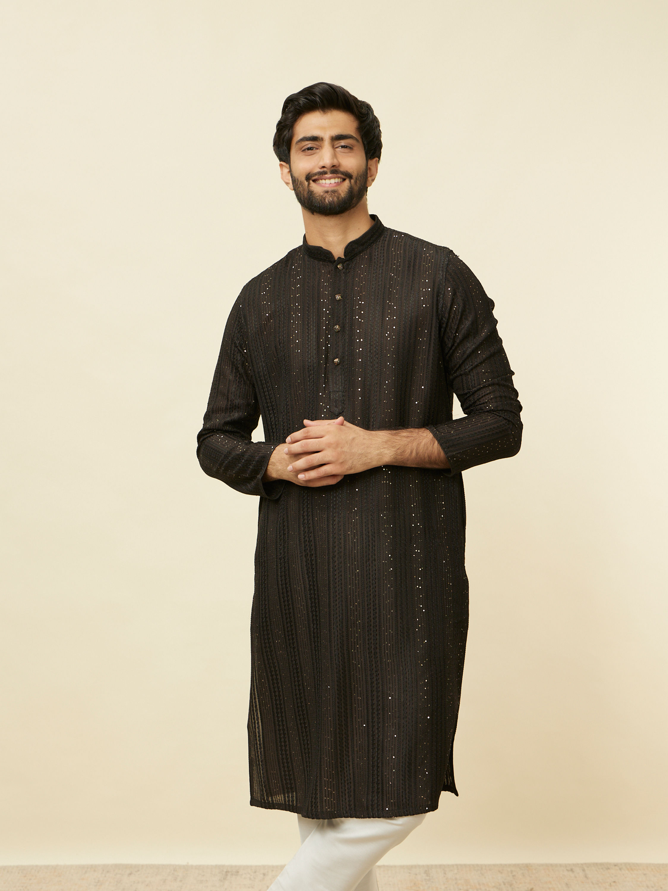 Manyavar Men Midnight Black Linear Patterned Kurta Set