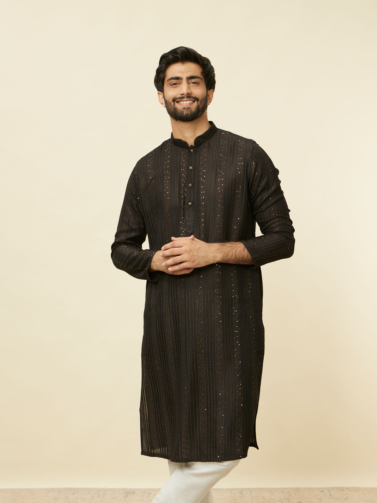 alt message - Manyavar Men Midnight Black Linear Patterned Kurta Set image number 0