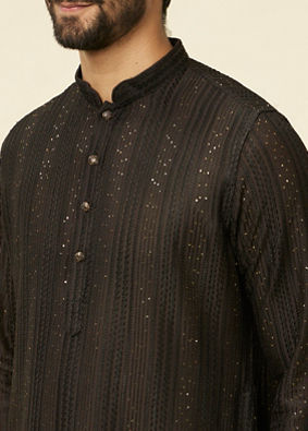 Manyavar Men Midnight Black Linear Patterned Kurta Set image number 1