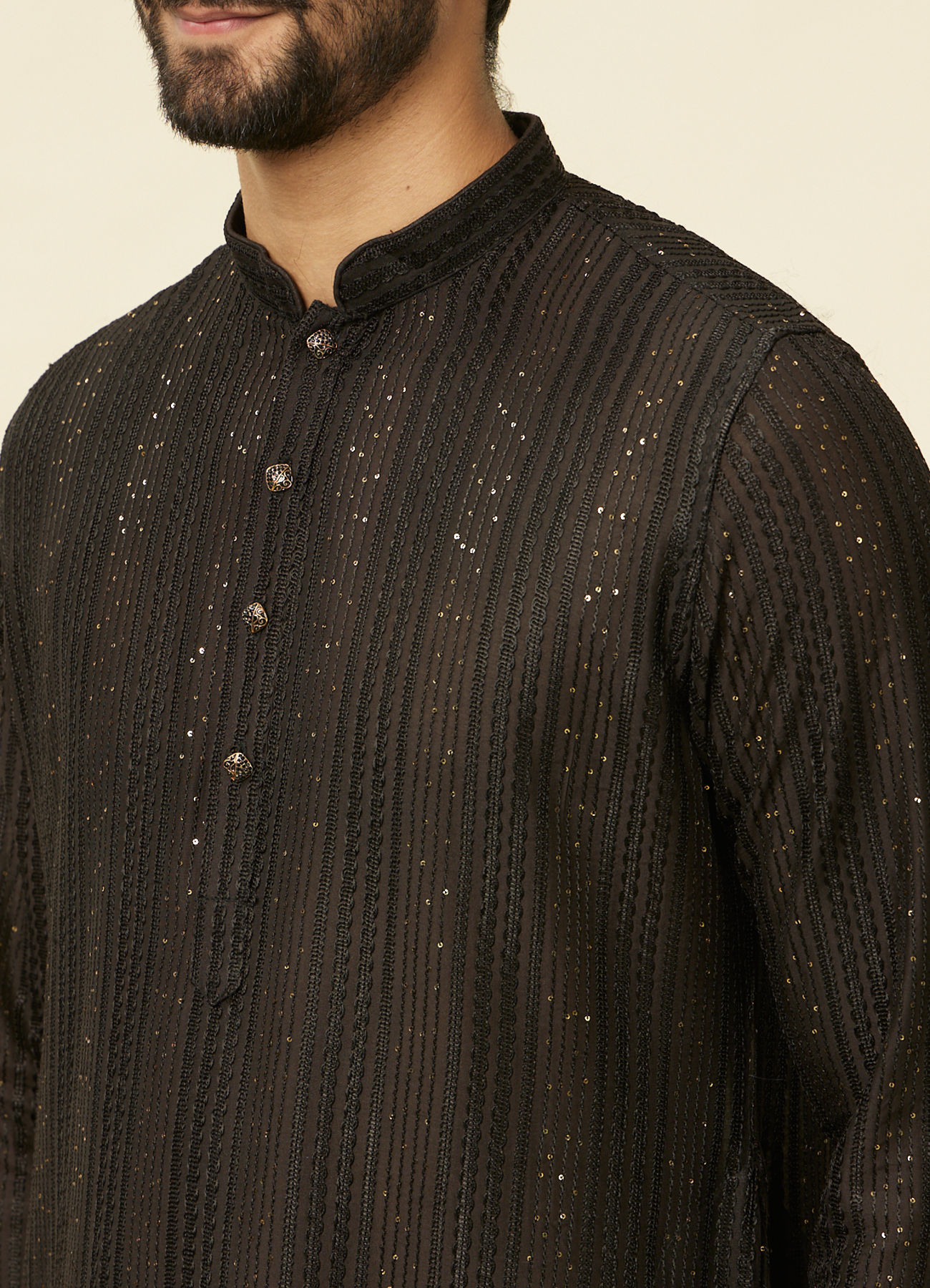 Manyavar Men Midnight Black Linear Patterned Kurta Set