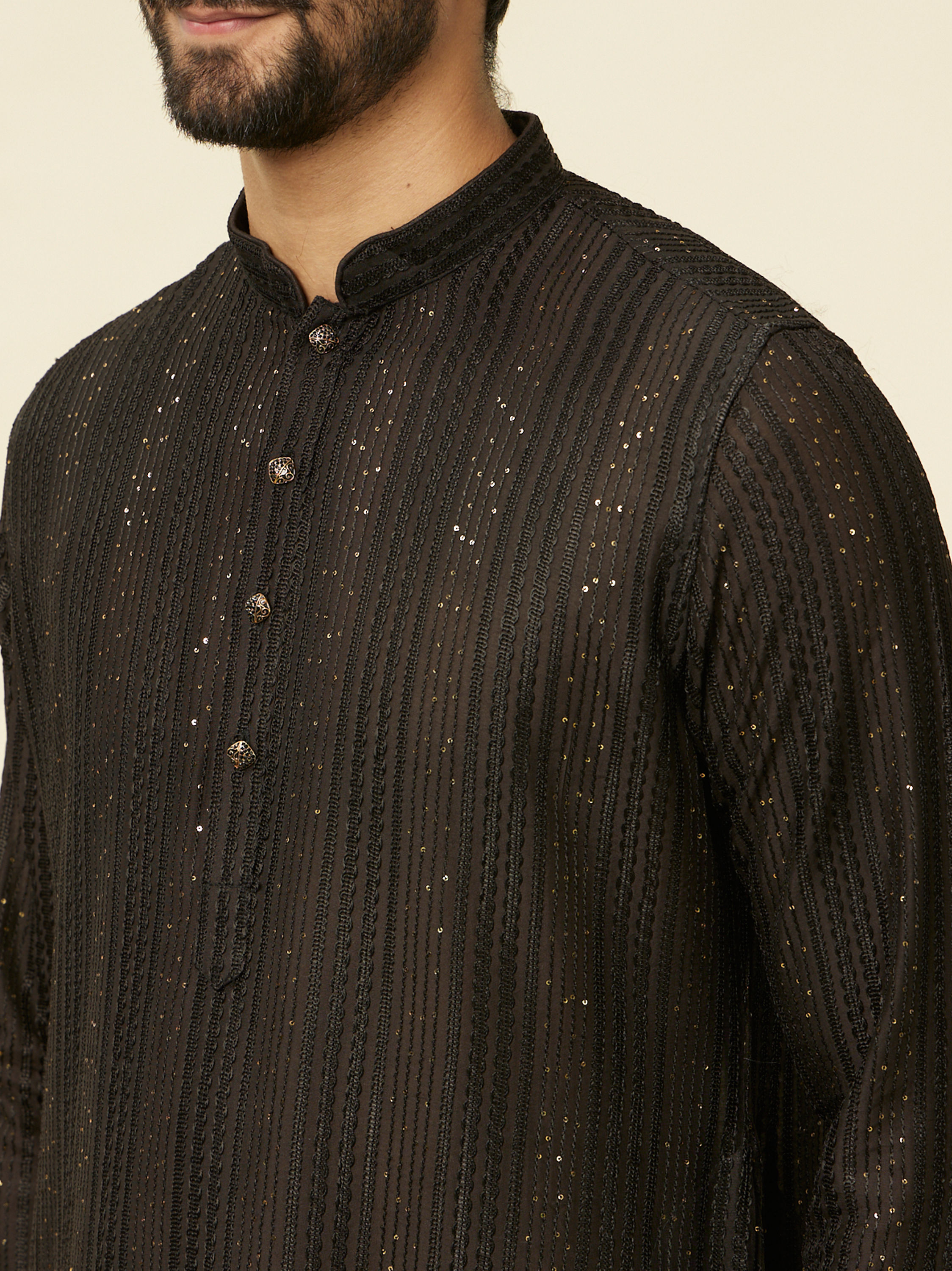 Manyavar Men Midnight Black Linear Patterned Kurta Set