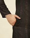 Manyavar Men Midnight Black Linear Patterned Kurta Set