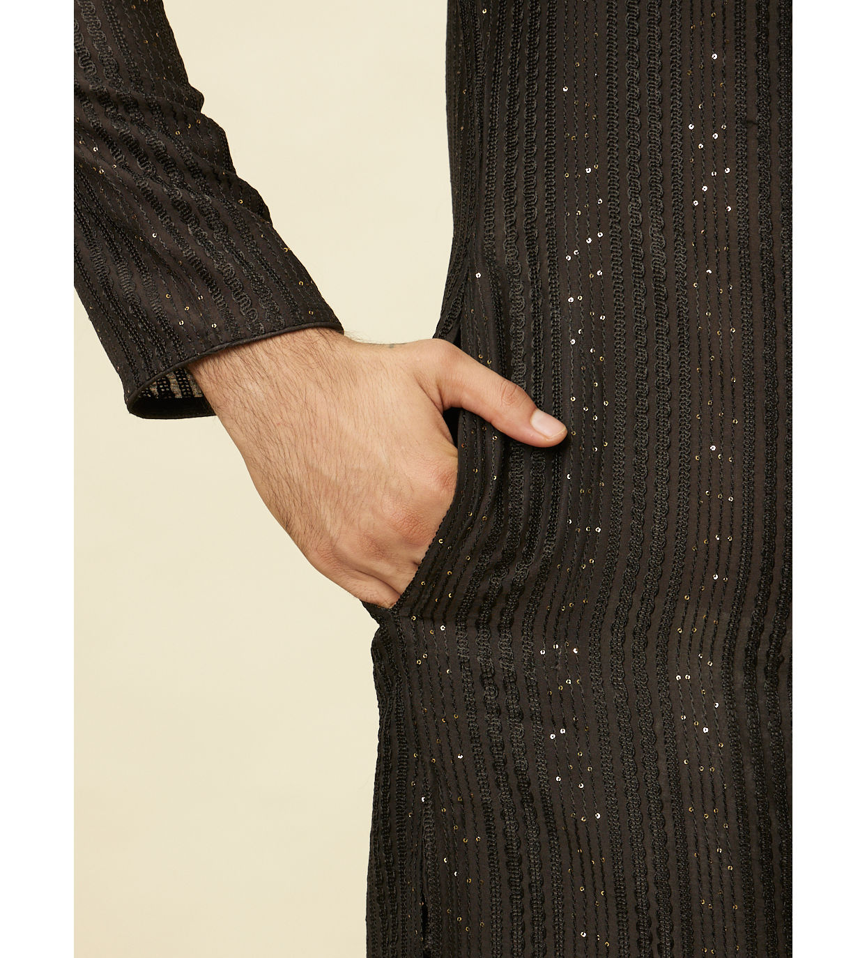 Manyavar Men Midnight Black Linear Patterned Kurta Set