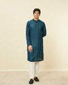 Manyavar Men Violet Blue Linear Patterned Kurta Set