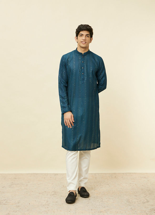 Manyavar Men Violet Blue Linear Patterned Kurta Set