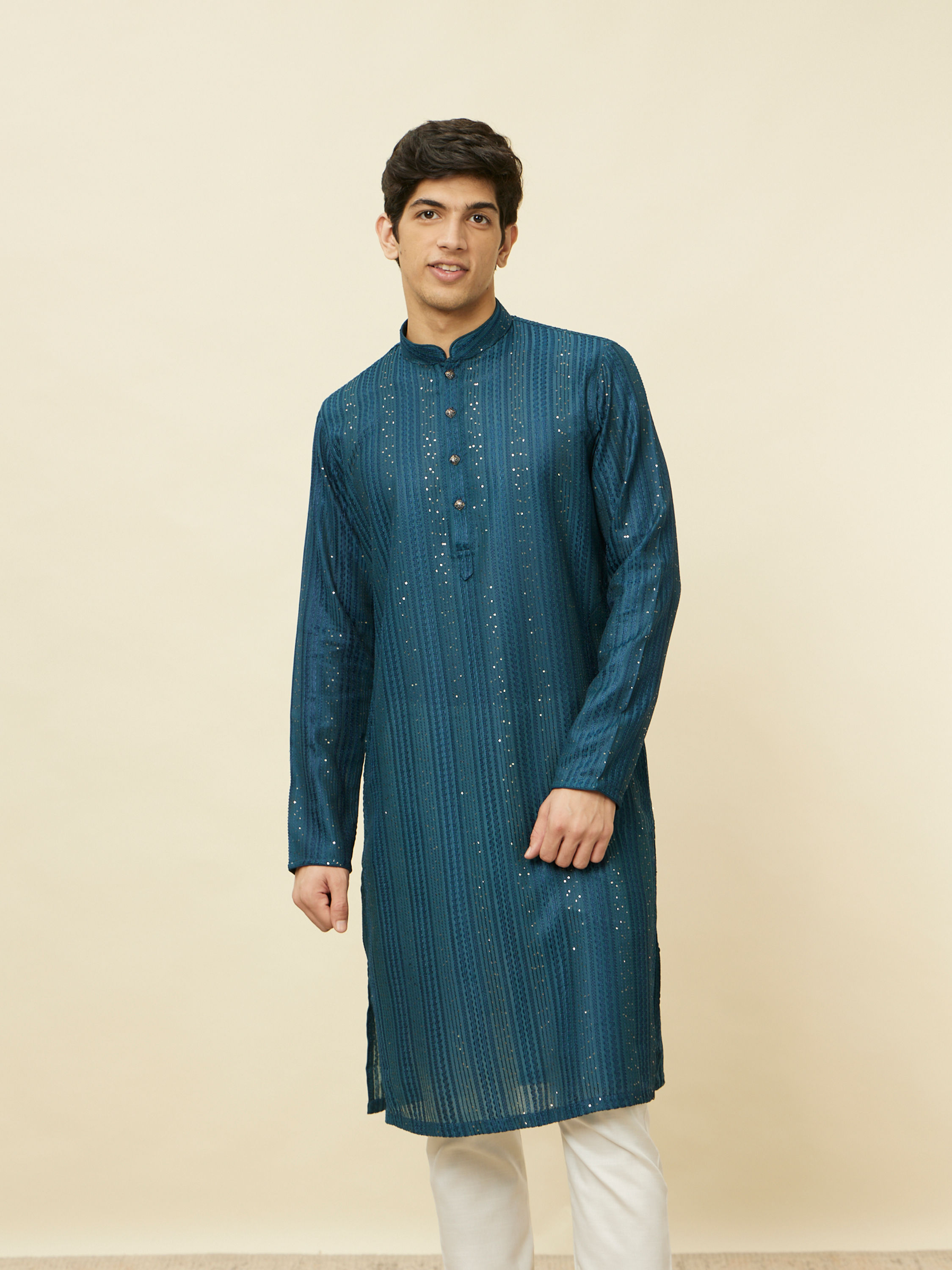 Manyavar Men Violet Blue Linear Patterned Kurta Set