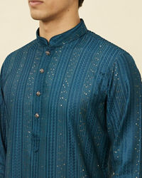 Manyavar Men Violet Blue Linear Patterned Kurta Set