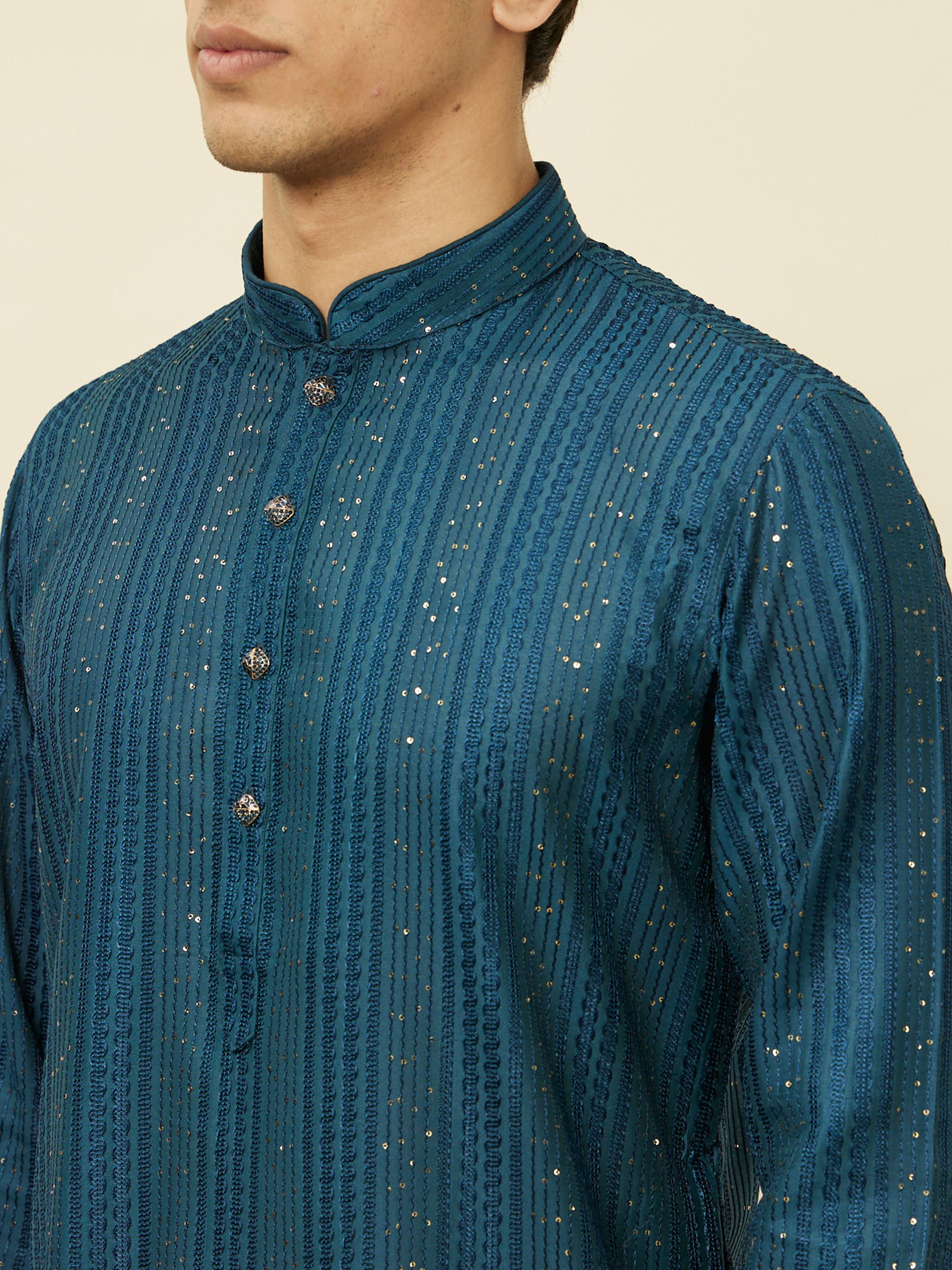 Manyavar Men Violet Blue Linear Patterned Kurta Set