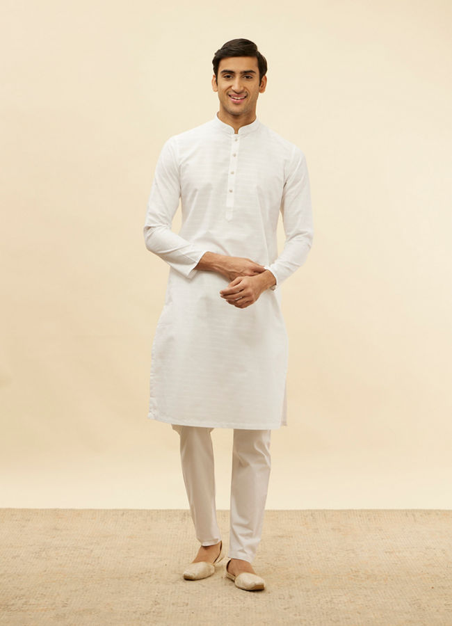 Manyavar Men Pristine White Self Striped Kurta Set