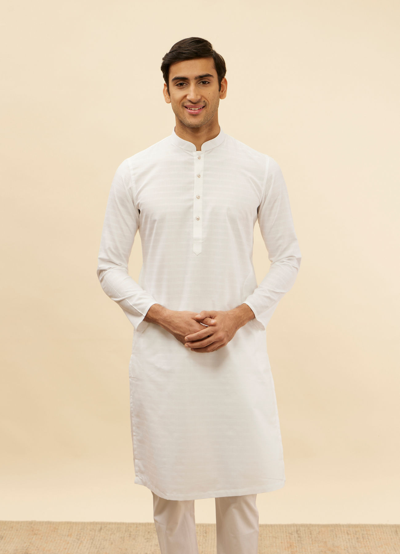 Manyavar Men Pristine White Self Striped Kurta Set