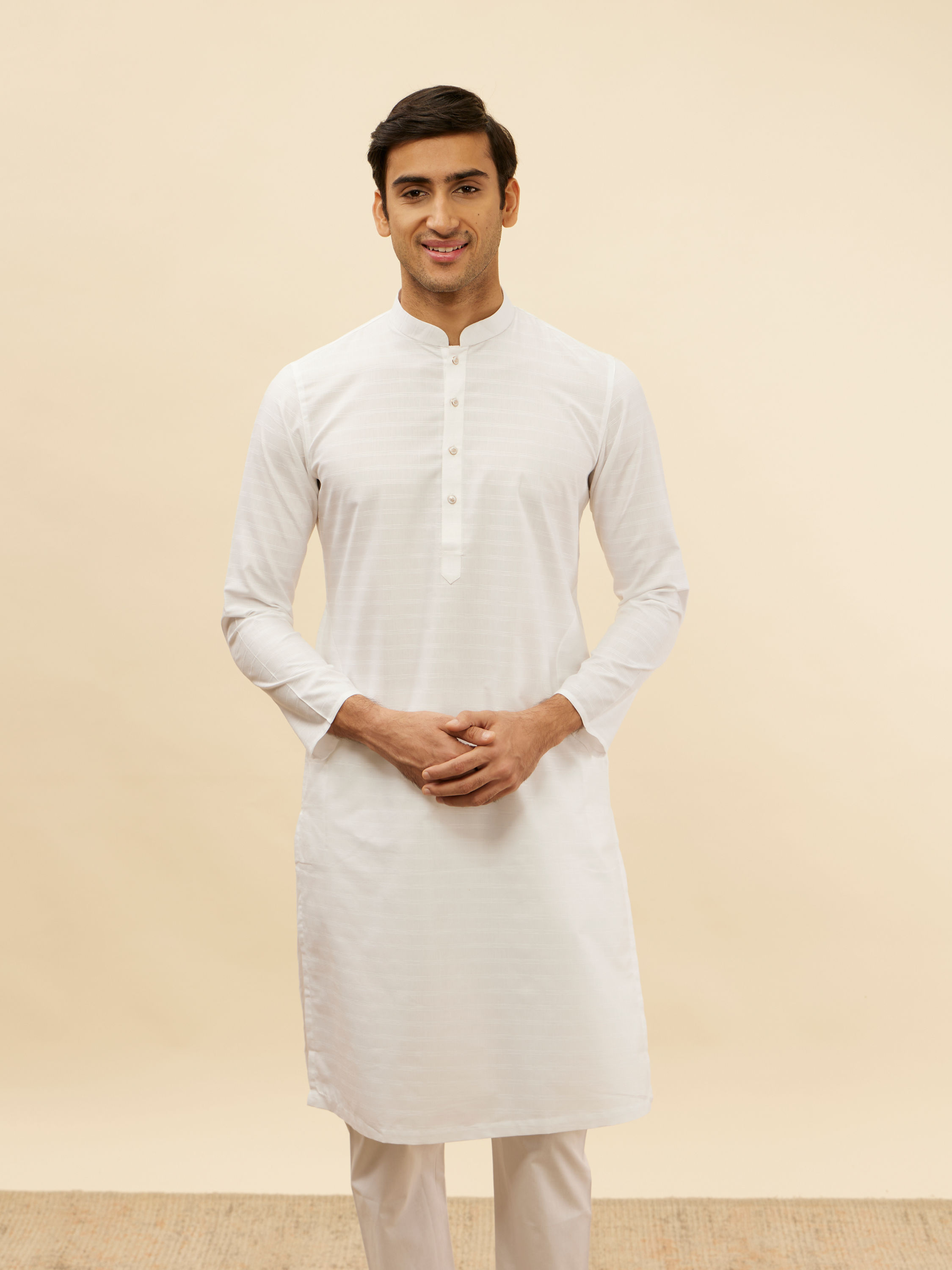 Manyavar Men Pristine White Self Striped Kurta Set