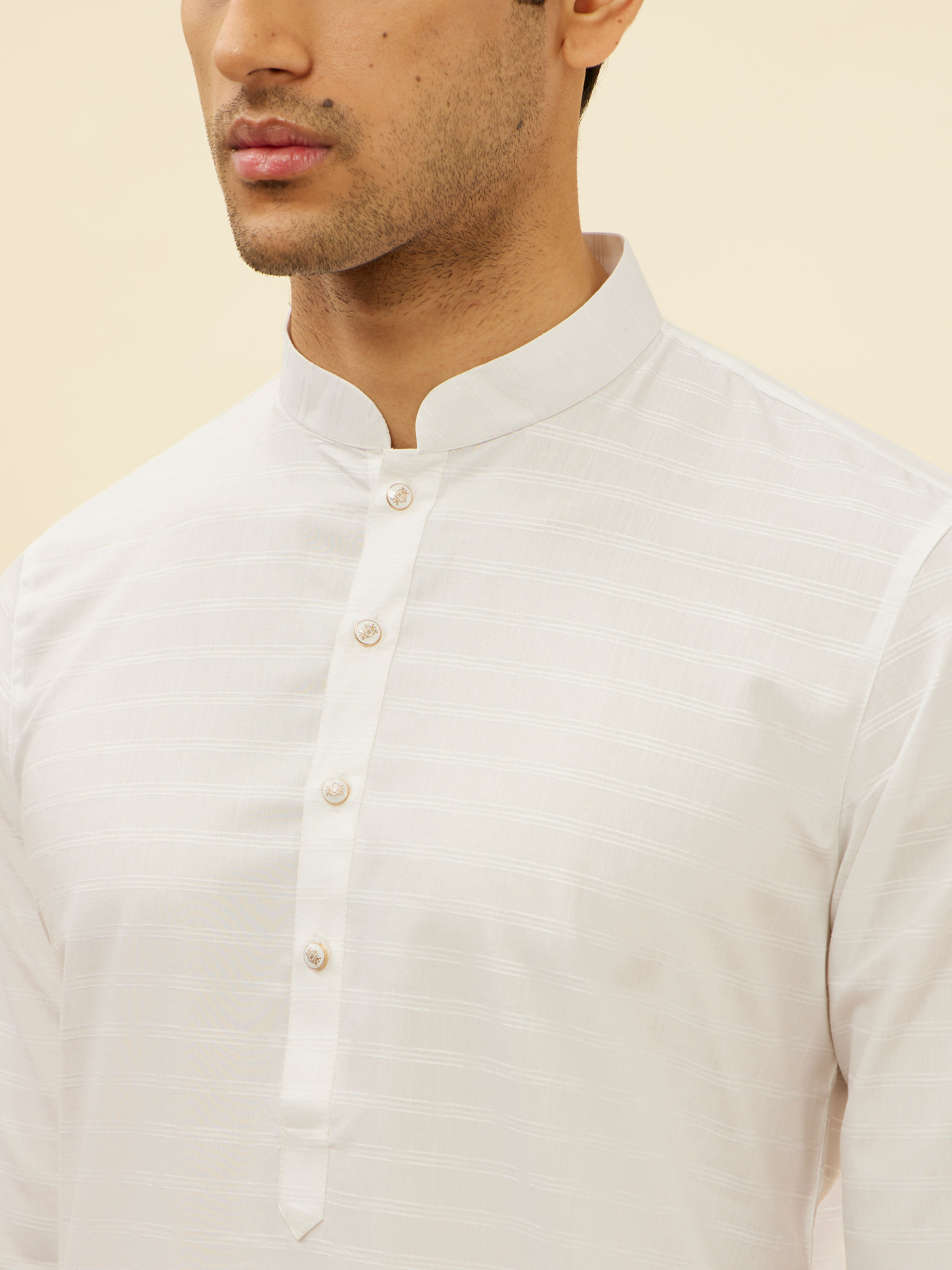 Manyavar Men Pristine White Self Striped Kurta Set