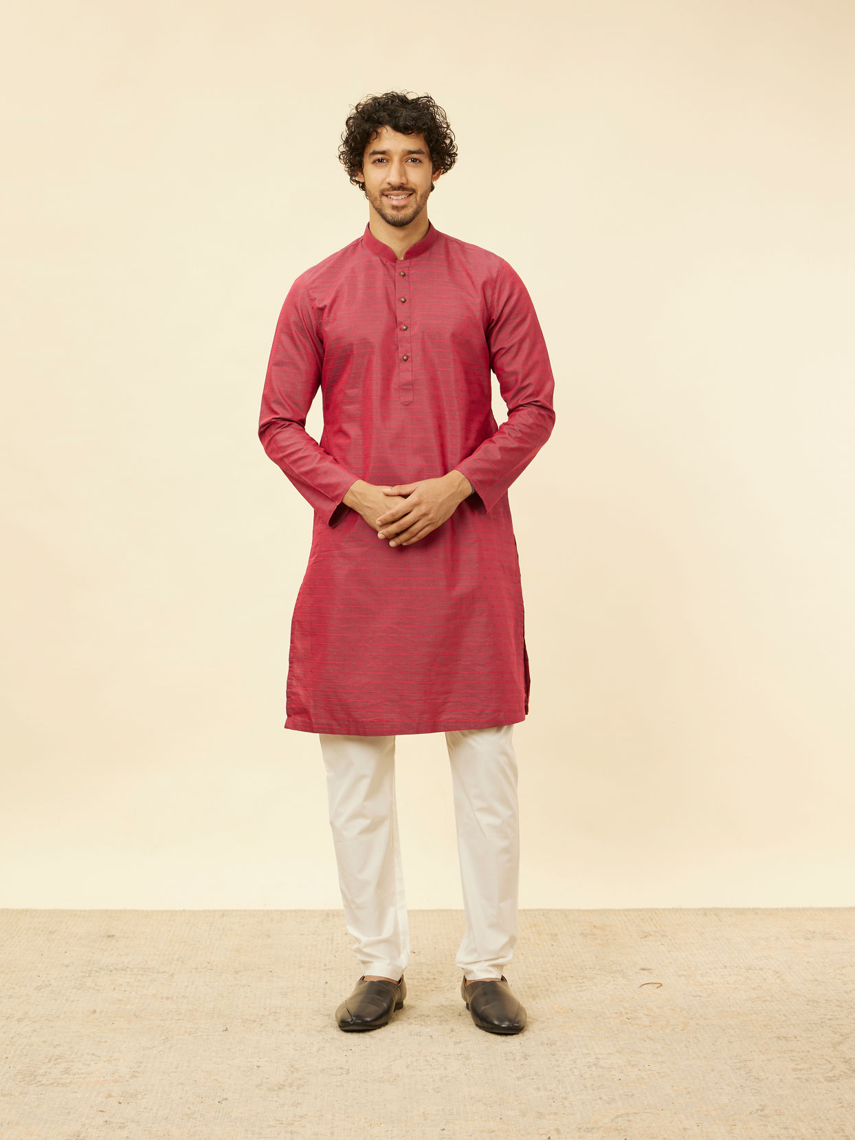 Manyavar Men Maroon Self Patterned Kurta Set