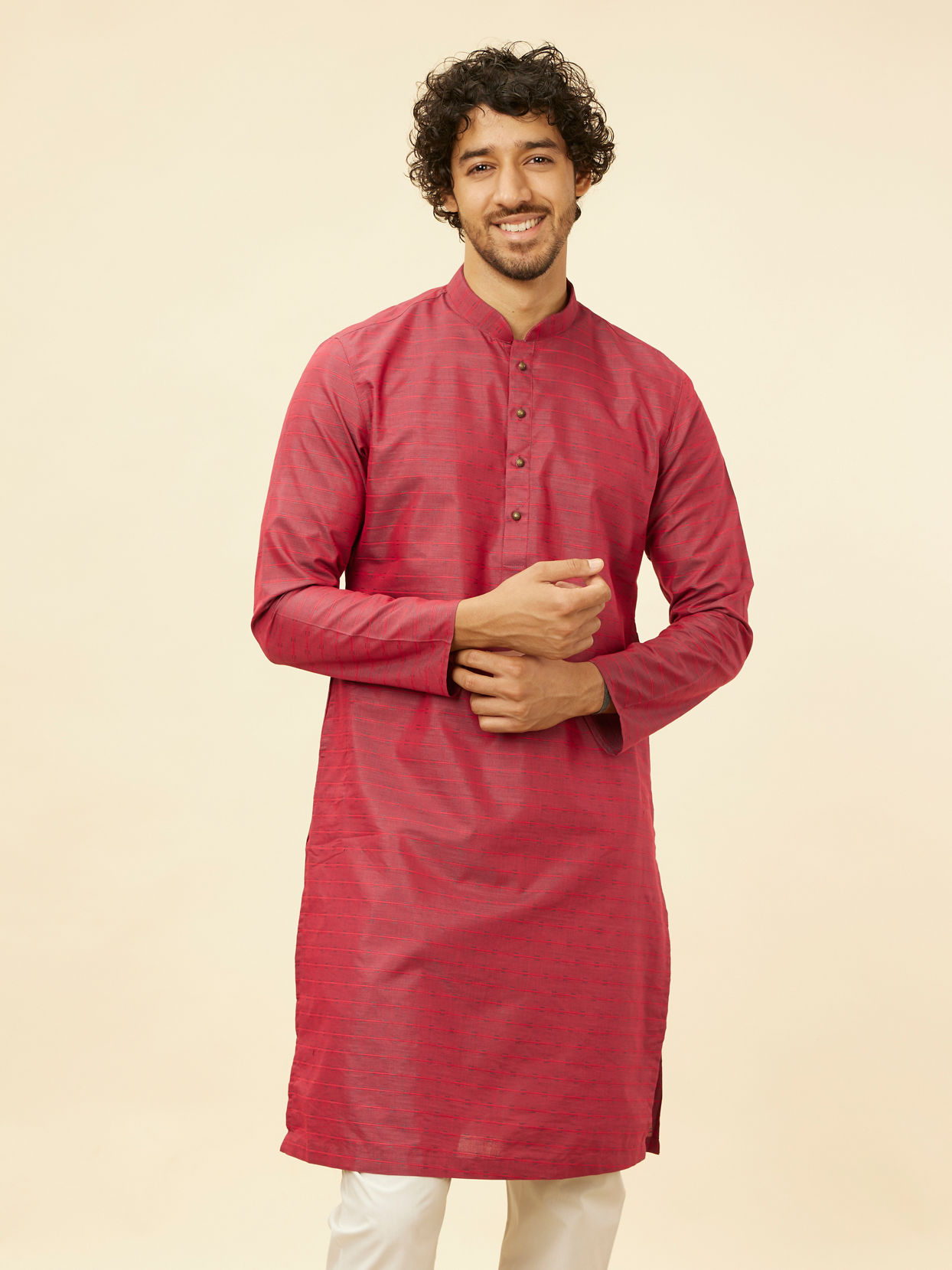 alt message - Manyavar Men Maroon Self Patterned Kurta Set image number 0