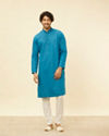 alt message - Manyavar Men Teal Blue Self Patterned Kurta Set image number 2