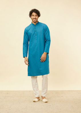 Manyavar Men Teal Blue Self Patterned Kurta Set image number 2