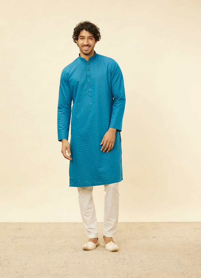 alt message - Manyavar Men Teal Blue Self Patterned Kurta Set image number 2